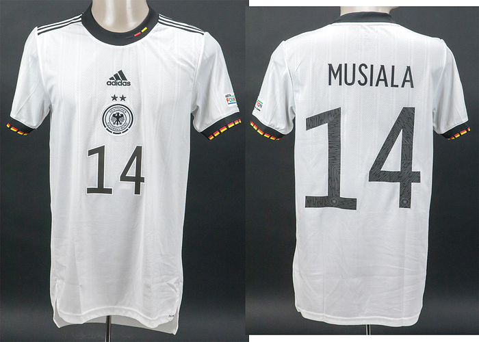 match worn football shirt Germany 2022 - Original match-worn/issued Germany shirt with the number 14. Worn by Jamal Musiala on June 7, 2022, in a UEFA Nations League group match against England. Germany - England 1:1. Status: AAB --Short-sleeved jersey; size S; DFB logo, two champion stars, and adidas logo embroidered; player name and number (front and back) rubberized; with UEFA Nations League patch and UEFA Foundation for Children patch; adidas Heat.Rdy. Jersey comes from the collection of a DFB supporter. Condition: A-