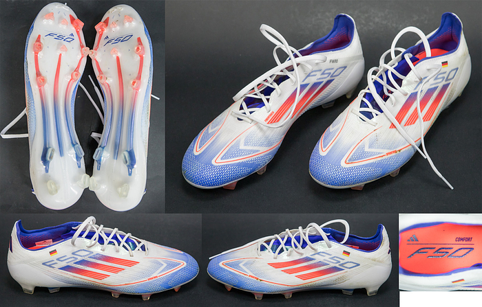 UEFA Euro 2024 match worn football boots - Original match-worn adidas F50 football boots. Worn by Florian Wirtz in various matches for the German national football team at the 2024 European Championship. With game wear. Status: ABA --Adidas lace-up shoes; model F50 Comfort; adidas rubberized heel stripes; shoes show signs of wear; 'FW10' lettering, 'Fiebertouch', and German flag rubberized; adidas Fibertouch. The shoes come from a DFB (German Football Association) kitman. Condition: A-