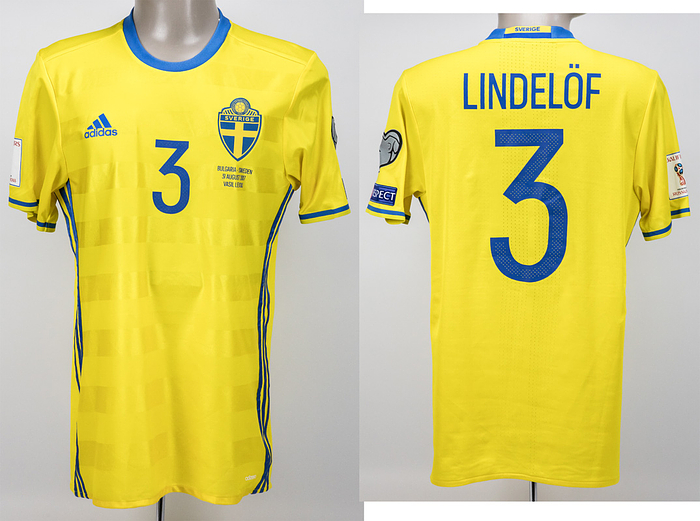 Original match worn Spielertrikot von Schweden mit der Rückennummer 3. Getragen von Victor Lindelöf am 31.08.2017 im Qualifikationsspiel zur Fußball Weltmeisterschaft 2018 gegen Bulgarien. Bulgarien - Schweden 3:2. Status:AAC.
