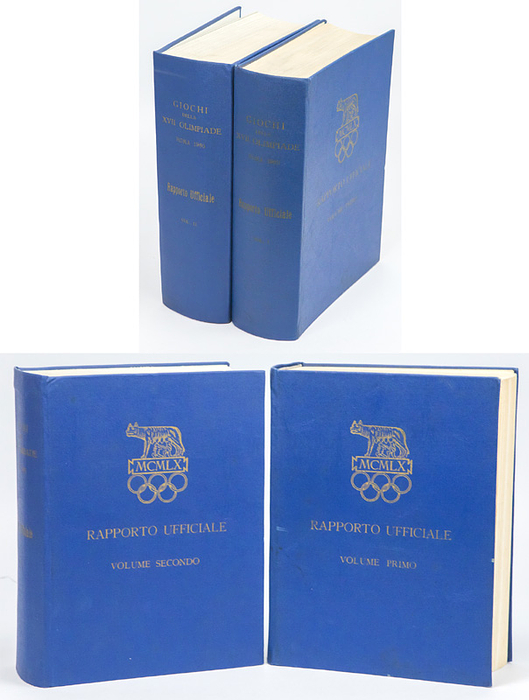 Olympic Games Rome 1960. Official Report - Olympic Games Rome 1960 in two volumes. Official Report in ITALIAN. Size 22x29 cm, b/w and coloured photos on 1942 pages. -- Cover slightly soiled, otherwise good. Condition: B