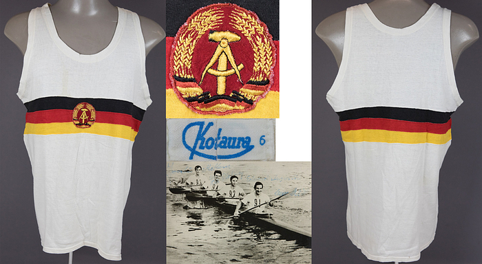 Match worn Trikot des DDR-Kajakfahrers Joachim Mattern von den Olympischen Spielen Montreal 1976 getragen bei seinen beiden Medaillen über 500 m (Gold) und 1000 (Silber) im Zweikajak. AAA Dabei Autogrammkarte mit original Signatur von Mattern.