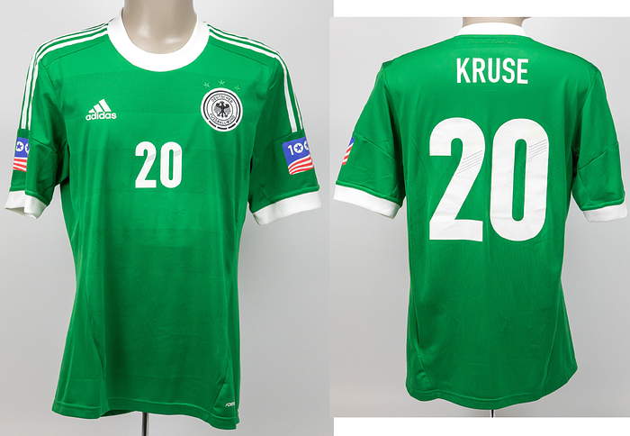 match worn football shirt Germany 2013 - Original match worn DFB player shirt with number 20. Worn by Max Kruse on June 2nd, 2013 in the friendly match against the USA. USA - Germany 4:3. Kruse scored the 2:4 goal. Jersey with special patch for the 100 Years U.S. anniversary Soccer. Status:AAB --Short sleeve jersey; size L; DFB logo and 3 world champion stars embroidered; rubberized adidas logo; Rubberized player name and number on the back (front and back); with 2 special patches '100 Years US Soccer'; Jersey has signs of wear (patches slightly loose on the edge); adidas formotion climacool. --Jersey comes from the collection of a DFB supervisor Condition: A-