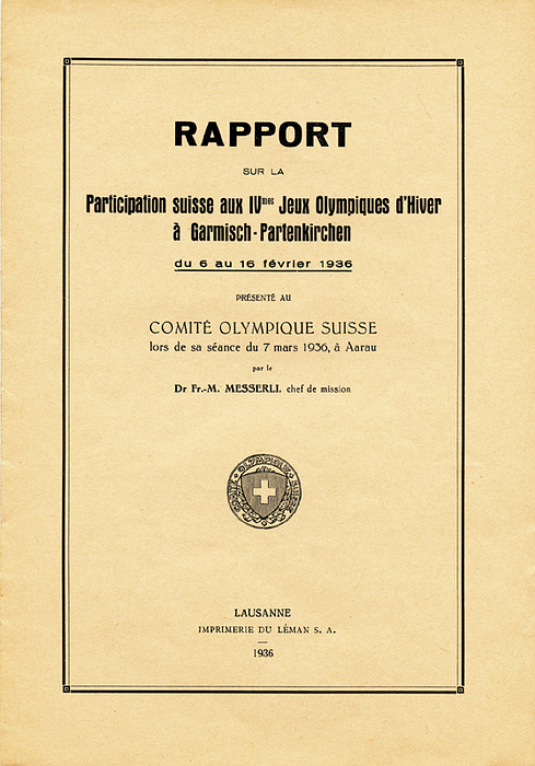 Olympic Winter Games 1936 Official Swiss Report - Rapport sur la Participation suisse aux IVmes Jeux Olympiques d'Hiver à Garmisch-Partenkirchen du 6 au 16 février 1936.. Official Report of the Swiss Olympic Committee about the participation at the Olympic Winter Games in Garmisch-Partenkirchen 1936. French. Extremely rare. Extra fine. 8 pages, 22.5x15.5 cm paperback; Lausanne 1936 Condition: A-