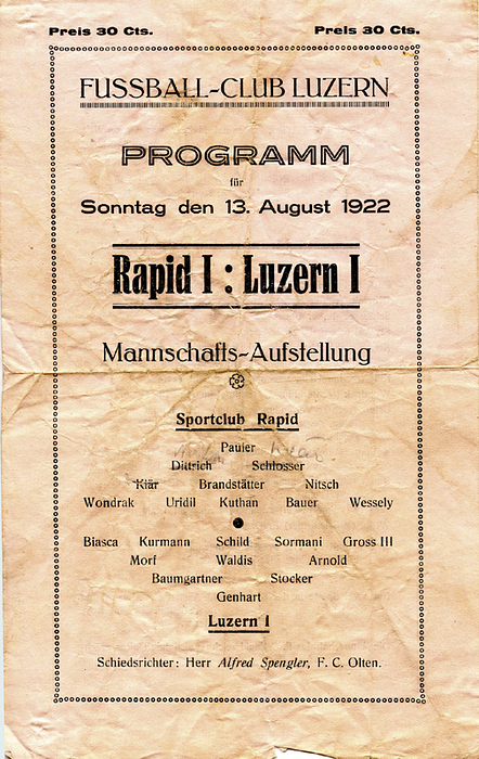 Programm 1922  | Fußball Programm 13.August 1922 Sportclub Rapid I (Wien) v FC Luzern I in Luzern.