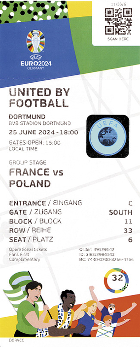 Offizielle Eintrittskarte der UEFA Euro 2024. France v Poland, 25 June in Dortmund. Papier, farbig bedruckt mit original UEFA 2024 Hologram, 20,4x8,4 cm ORIGINAL!!!.