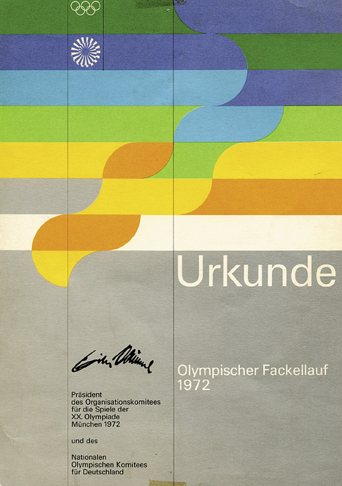 Urkunde Fackellauf 1972  | „Urkunde Olympischer Fackellauf 1972“. Vierfarbige Urkunde für einen Teilnehmer am Olympia-Fackellauf für München. 29,5x21 cm.
