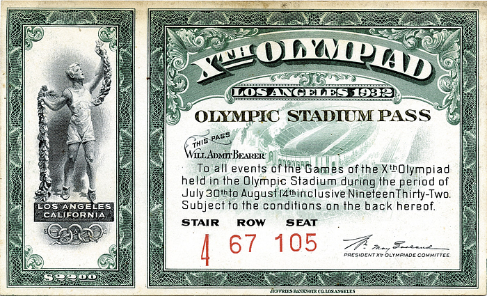 Olympic Games Los Angele 1932 Ticket Stadium Pass - „Olympic Stadium Pass: allowing entry to all events of the games of the Xth Olympiad held in the Olympic Stadium...“ Size 14..5x8.5 cm, --Some spots Condition: A-