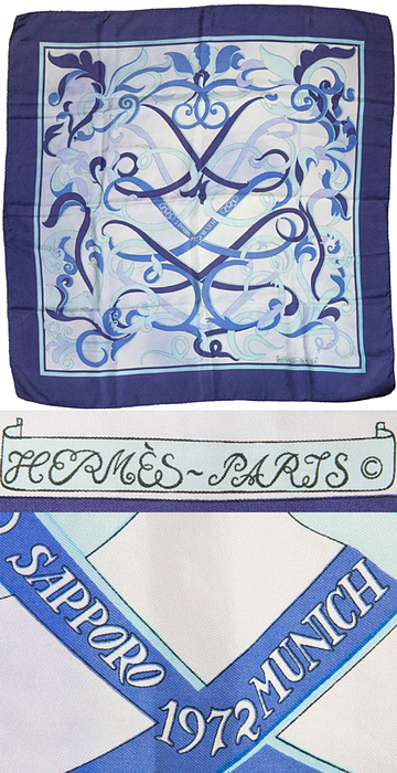 Hermes Seidentuch OSS1972  | Original Seidentuch "Hermes - Paris" mit den Olympischen Ringen und der Aufschrift "Sapporo Munich 1972". Entworfen von Henri d'Origny. Erste Ausgabe 1972. 90x90 cm.