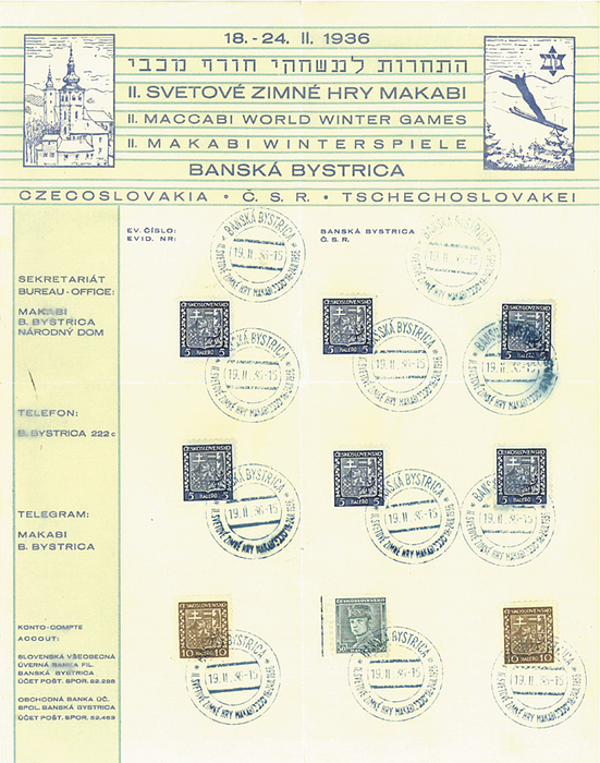 II Maccabi World Winter Games 1936 Document - Official philatelic commemorative sheet "II Maccabi World Winter Games 1936 Banská Bystrica". 28.5x22 cm With special stamps! --folded. Very rare!!! The 2nd Winter Maccabiah was the second edition of the Winter Maccabiah that took place from February 18 to 22, 1936 in Banská Bystrica, (then Czechoslovakia).[1][3] Until 2023, the 2nd Winter Maccabiah was the last Winter Maccabiah to be held and the last Maccabiah to be outside of Israel. After the 1st Winter Maccabiah which took place in 1933, a second Winter Maccabiah was organized for 1936. Banská Bystrica was chosen to host the Games. Over 2,000 Jewish athletes participated in the games. Following the Germany's annexation of Czechoslovakia in 1939, no further games were ever held. It wasn't until the collapse of Communism in 1989 that new Maccabi clubs were re-established in these areas. Condition: C