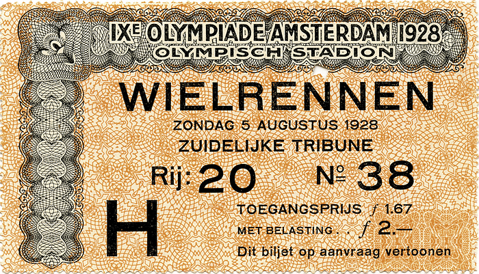 Olympic Games 1928. Cycling Ticket Amsterdam - on 5th August 1928. 10.5x6 cm. Condition: B-