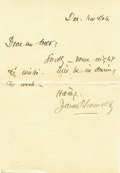 Olympic Games Autograph 1896. James B.Connolly - (1868-1957) Handwritten short letter with original signature from James Brendan Connolly (USA) dated December 4, 1906. James B. Connolly is the first gold medalist at the modern Olympic Games. He won gold in the triple jump, silver in the high jump and bronze in the long jump at the 1896 Olympic Games. 1900 Olympics silver in the triple jump, 16.5x11.5 cm --Written in ink. --folded Condition: B