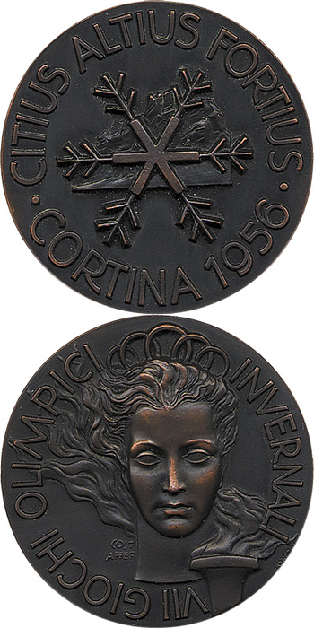 Offizielle Teilnehmermedaille Olympische Winterspiele Cortina d´Ampezzo 1956. Bronze. 4,5 cm.