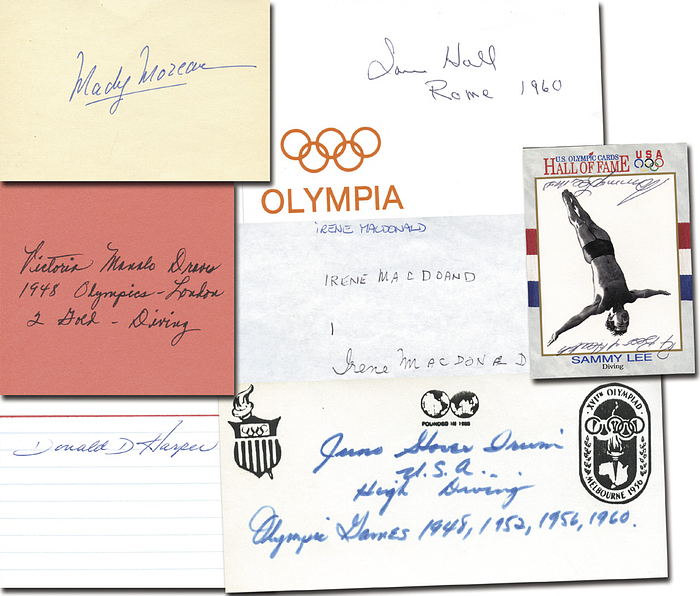 Wasserspringen OSS1948-1960  | 7 Autogrammbelege von verstorbenen Medaillengewinner bei den Olympischen Spielen 1948 - 1960 im Wasserspringen mit original Signaturen aus verschiedenen Ländern auf Fotobelege, Blancobelege, je 15x10 bis 6x6 cm.