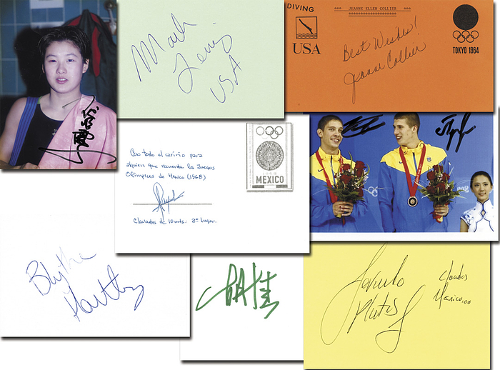 Wasserspringen OSS1964-2000  | 9 seltene Autogrammbelege von Medaillengewinner bei den Olympischen Spielen 1964 - 2000 im Wasserspringen mit original Signaturen aus verschiedenen Ländern auf Autogrammkarten, Fotobelege, Blancobelege, je 15x10 bis 6x6 cm.