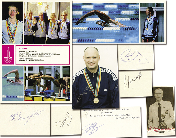 UdSSR OSS1980 4x200 Freistil  | Goldmedaille für die UdSSR im Schwimmen bei den Olympischen Spiele 1980 in der 4x200 m Freistilstaffel. Autographen von Sergei Kopljakow (Gold 200 m Frei + Silber 4x100m Frei); Wladimir Salnikow (2x Gold 400 + 1.500 m Frei; 1988 Bronze 1.500 Frei); Ivar Stukolkin (Bronze 400 m Frei; Magazinfoto); Andrei Krylow (2x Silber 200  + 400 m Frei; 1976 Silber 4x200 m Frei); Vorlauf: Sergei Rusin, Serhij Krassjuk (1961-1994; Silber 4x100 m Lagen);  Juri Presekin (Farbfoto); (KOMPLETTES TEAM); 15x10 bis 8x7 cm. Rarität!    Je Ca. 15x10 cm.