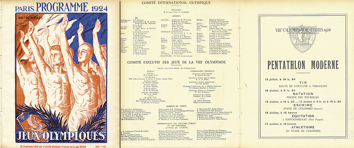 Olympic Games 1924 Programm Modern Penthatlon - VIIIe Olympiad Paris 1924. Season programm Modern Penthatlon July 12th - 17th. --8 pages 27x21.5 cm --Programs were bound, now loose, therefore minor damage to the fold. Condition: C