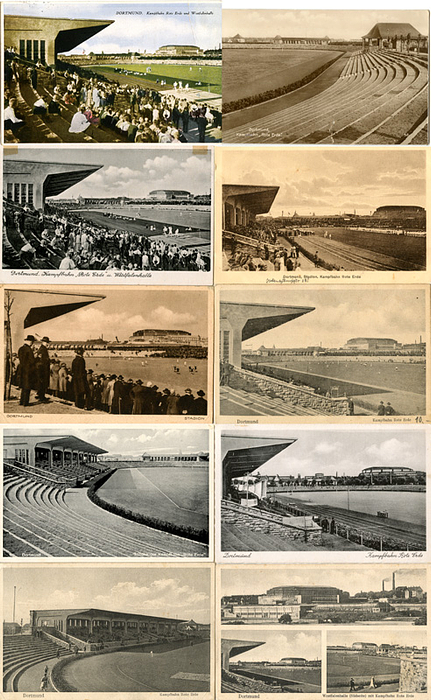 10 verschiedene Stadionpostkarten von der "Kampfbahn Rote Erde" in Dortmund aus der Zeit 1925 - 1941, dem Heimstadion von Borussia Dortmund. Je ca. 13,5x9 cm.