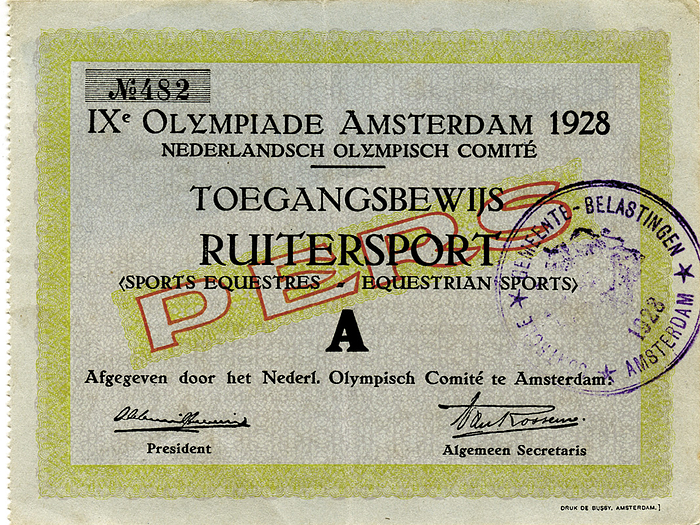 Ticket: Olympic Games 1928: Equestrian events - Season ticket, size 12.5x9.5 cm, very rare!  --folded in the middle Condition: B+