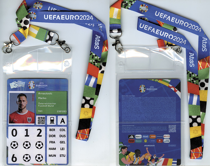 Original ID-Card für UEFA Euro 2024 für den Fußballspieler der Mannschaft von Österreich Marko Arnautovic (4 Spiele bei der Fußball Europameisterschaft 2024). Mit Lichtbild und original Nackenband. Papier in original Hülle, 16x13 cm.
