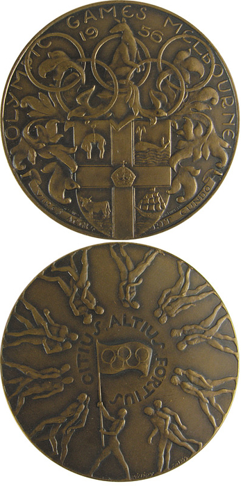 Offizielle Teilnehmermedaille Olympische Spiele Melbourne 1956. Bronze. 6,3 cm.