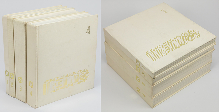 Olympic Games 1968.Official Report. - Official report of the Olympic Games 1968 in Mexico. Four volumes with 2,320 pages and over 1,400 b/w and colour photos. Leather bound, Spanish/German version. Volume consists of four parts. Many colour photos. The most detailed work about the Olympic Games in Mexico 1968. Jackets slightly shopworn. Condition: B