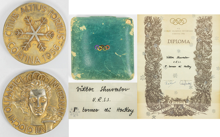 Erste Teilnahme der UdSSR an Olympischen Winterspielen und erste Goldmedaille für die Eishockeymannschaft der UdSSR bei Olympischen Spielen. Goldmedaille von den Olympischen Winterspielen 1956 in Cortina d´Ampezzo für die UdSSR im Eishockey für den Spieler Viktor Schuvalov (1923-2021). Silber (gepunzt 800er), vergoldet, 6 cm. Im original grünem Lederetui mit aufgesetzten farbig emaillierten Olympischen Ringen. Dabei: Siegerdiplom "VII Giochi Olimpica Invernali Cortina 1956. DIPLOMA Viktor Schuvalov URSS. 1st torneo di Hockey". Mit original Signatur des IOC  Präsidenten Every Brandage. 48 x 38 cm.