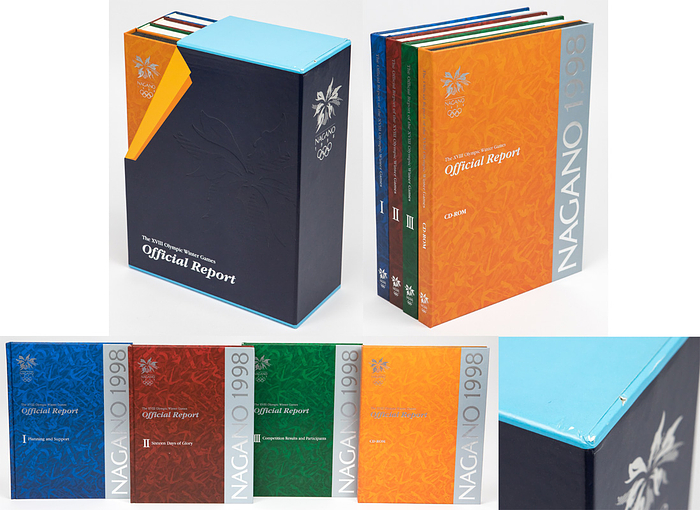 The official report of the XVIII Olympic Winter Games Nagano 1998. 4 Bände (3 Bücher + 1 CD-Kassette) im Originalschuber.