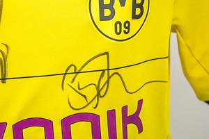 Original match worn Spielertrikot von Borussia Dortmund mit der Rückennummer 17. Getragen von Pierre-Emerick Aubameyang in der Fußball-Bundesliga-Saison 2015/2016. Mit Original Autograph von Aubameyang und einigen anderen Spielern auf der Vorderseite. Status:ABC. - Bild 4