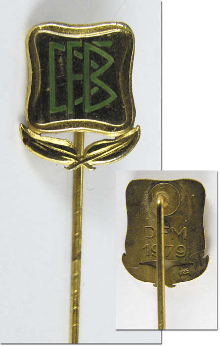 Offizielle goldene DFB-Meisterschaftsnadel für den Deutschen Fußballmeisterschaft 1978/79 Hamburger SV. Silber (gepunzt 925er) vergoldet, grün emailliert. Rückseite mit Aufschrift „DFM 1979“ (Deutscher Fußballmeister). 1x1,3 cm.