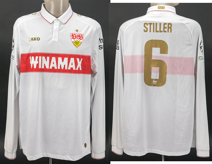 Original match worn / issued Spielertrikot vom VfB Stuttgart mit der Rückennummer 6. Getragen von Angelo Stiller am 29.01.2025 im Spiel der UEFA Champions League gegen Paris Saint Germain. VfB - PSG 1:4. Stiller ist 4-facher Nationalspieler von Deutschland. Status:AAC.