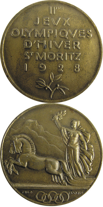 Olympic Games 1928. Participation medal St.Moritz - II Olympic Winter Games: in bronze from M. Martin. Size 3.7 cm. Condition: A