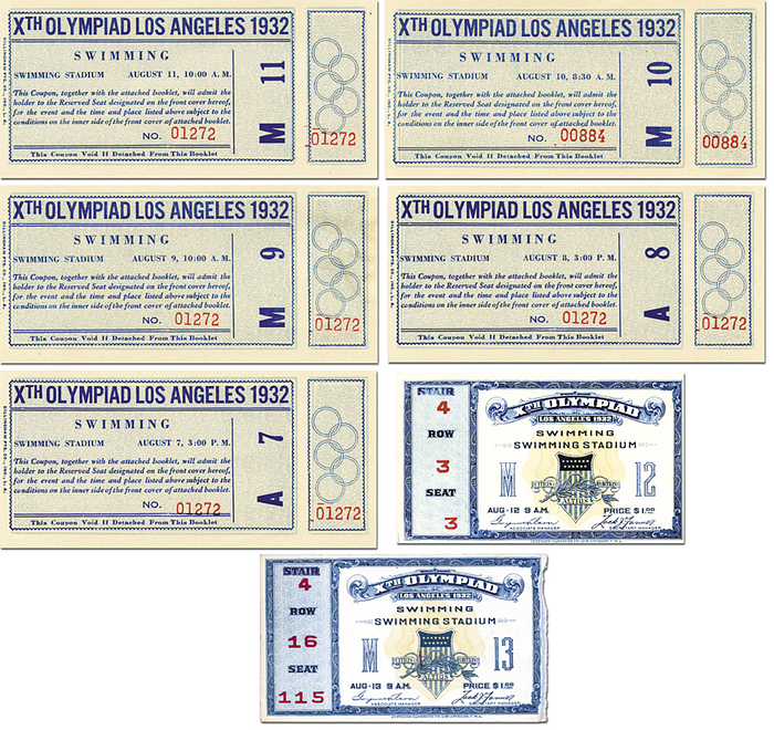7 Eintrittskarten "Xth Olympiad Los Angeles 1932. Swimming. Swimming Stadium" für die Schwimmwettbewerbe vom 7. August bis zum 13. August 1932. 14x6,5 cm + 11x6,5 cm.