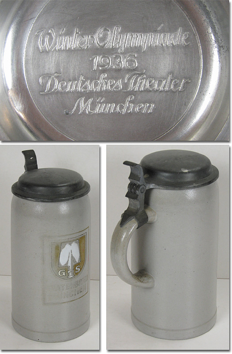 Original 1 Liter Bierkrug mit Zinndeckel "Spatenbräu München". Zinndeckel innen mit der Aufschrift "Winter-Olympiade 1936. Deutsches Theater München". Höhe: 20,5 cm.
