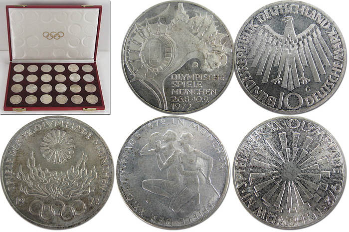 10-DM-Münzen  | 24x 10-Deutsche Mark Olympiamünzen (6 verschieden Motive) die anlässlich der Olympischen Spiele 1972 in München ausgegeben wurden. Insgesamt 240 DM. In original Kassette (26x18 cm).