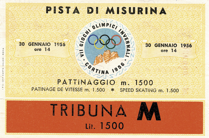 Olympic Winter Games 1956. Ticket speedskating - 1500 m, 31st januaryfebuary. 12.5x9 cm. Very rare!! Condition: B