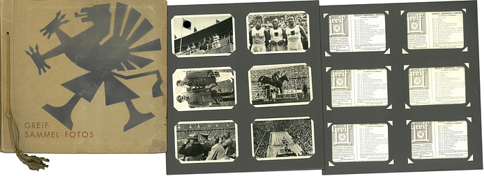 Olympic Games 1936 German Collector Cards Greif - 48x Greif-cards (9x6 cm each). Series 18-21, Olympic 1936 in the original album (complete series). 14 cardboard insert pages, 26x25cm, cardboard, 1936.  --48 photos from the Greif 1936 Olympic Games series (complete series about olympic 1936). The photo collection pictures are in the original Greif slip-in album. Rarity!!!! —Album slightly torn, pictures in very good condition. There are 36 pictures from other Greif series in the album. Condition: C