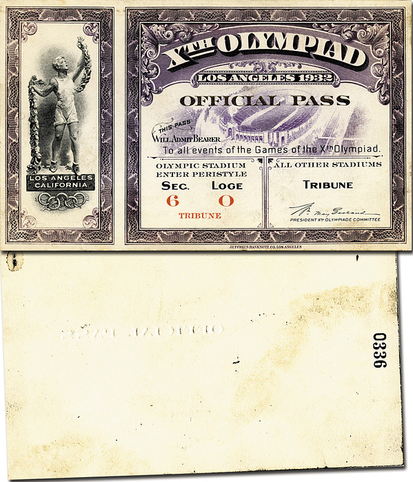 Olympic Games Los Angele 1932 Ticket Stadium Pass - „„Official Pass. To all events of the games of the Xth Olympiad held in the Olympic Stadium…“,“  Cardbord Size 14..5x8.5 cm, --Some spots --v Condition: A-