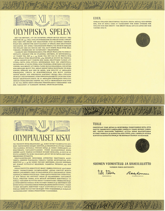 Zwei Urkunden anläßlich der Verleihung der offiziellen Erinnerungsmedaillen für die Olympischen Sommerspiele Helsinki 1940. (1x in schwedischer, 1x in finnischer Sprache), Karton  je 49x31 cm.