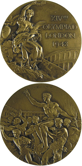 Siegermedaille für die Olympischen Spiele London 1948 mit der Aufschrift „XIVth Olympiad London 1948“ für einen 3. Platz bei den Olympischen Spielen. Bronze, 5,1 cm.