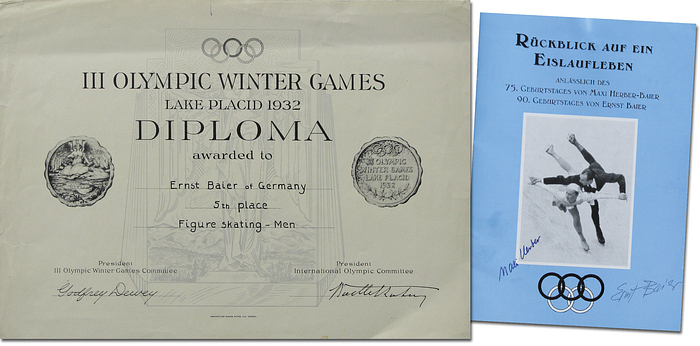Offizielles Olympia-Siegerdiplom von Ernst Baier für den 5.Platz im Eiskunstlaufen der Herren bei den Olympischen Winterspielen 1932 mit der Aufschrift  „III Olympic Winter Games Lake Placid 1932 Diploma awarded to Ernst Baier of Germany 5th lace Figure Skating Men" 35,5x25,5 cm. Mit original Signatur des IOC-Präsidenten!!!.