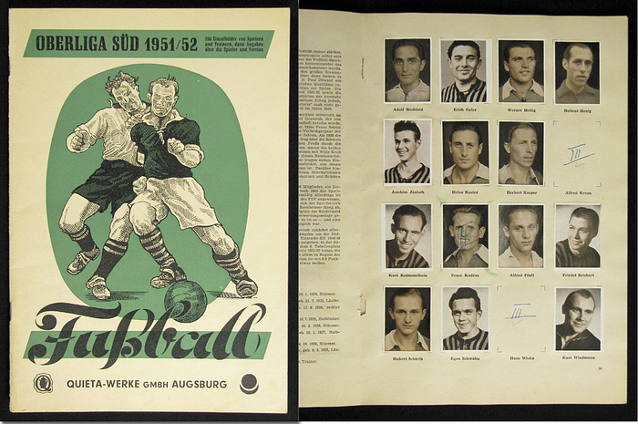 Sorry, no english description is available. ... German Football Sticker Album 1951: Quieta - 36 Seiten, 20x29 cm, Karton, Mit 196 von 256 Sammelbilder, Quieta, Augsburg 1951. Condition: C.....Äußerst seltenes Album mit allen Spielerfotos, Kurzportäts der Spieler, Vereinsporträts. --Innen wurde die fehlenden Bilder jeweils mit der römischen Ziffer "III" von Mürre, den Herausgeber und Produzenten dieser Alben in den 1950er Jahren, gekennzeichnet. Das ist der Hinweis, dass diese Bilder sich auf den Druckbogen Nr.3 befinden.