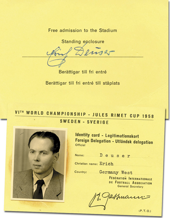 „VIth World Championship - Jules Rimet Cup 1958 Sweden. Identity Card Player.“ Deutsche Mannschaft!.