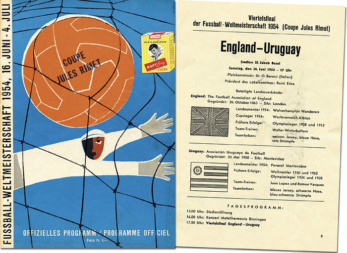 Fussball-Weltmeisterschaft 1954, 26. Juni 1954. Viertelfinale: England - Uruguay in Basel. Offizielles Programm.