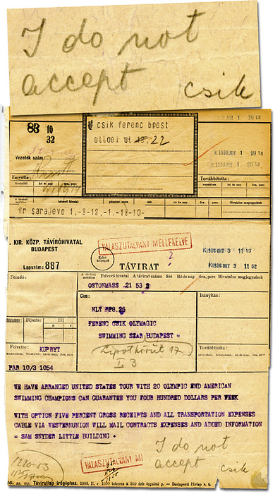 Csik,Ferenc  | (1913-1945) Original Signatur von Ferenc Csik (HUN) Olympiasieger im 100 m Freistil bei den Olympischen Spiele Berlin 1936 mit Bleistift und Anmerkung "I do not accept" auf einem Telegram vom Oktober 1936, 20x20 cm.