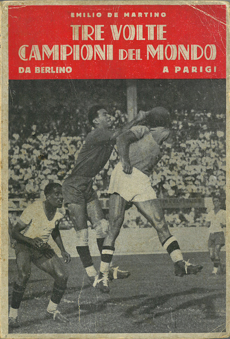 FIFA World Cup 1938. Rare Italian Report - "Tre Volte Campioni del Mondo. Da Berlino a Parigi."Italian journalists report ("a diary") on the 3rd triumph of Italy's national team in France 1938 following the victories in the World Cup 1934 in Italy and in the Olympic Football tournament in Berlin 1936, then considered as an inofficial form of Football world championship. Including short scenic summaries of the former events. In Italian language. Size 14x21 cm, soft cover, 192 pages. --Extremly rare Report Condition: C