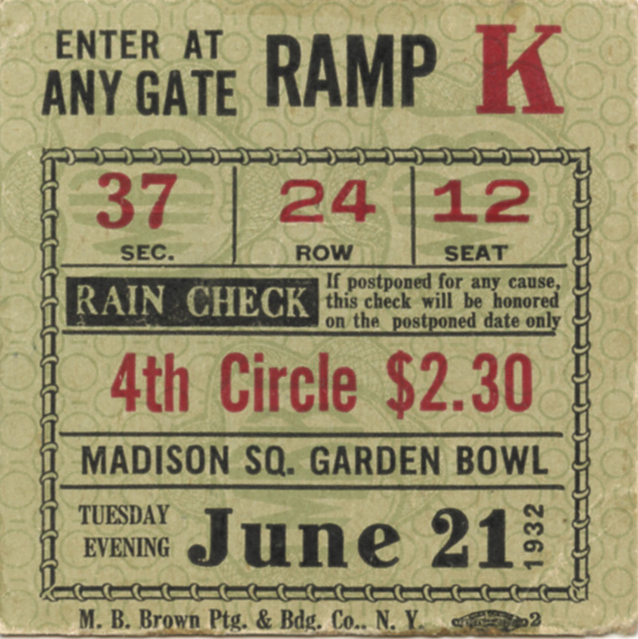 Weltmeisterschaft im Schwergewicht Jack Sharkey v Max Schmeling, 21.05.1932 im Yankee Stadium Ney York. Original Eintrittskarte, Karton, 7,5x7 cm.