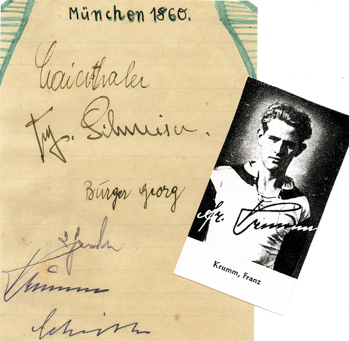 (1909-1943) Blancobeleg mit original Signatur von Franz Krumm (2 A-Länderspiele, Bayern München, 1860 München) ca. 1940/1941. Dabei noch 5 weitere original Signaturen  von Spielern von 1860 aus dieser Zeit, 13x10 cm.