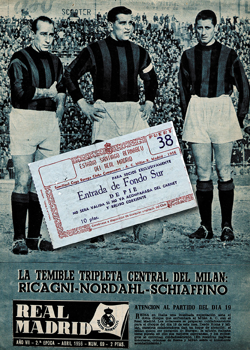 Eintrittskarte für das Halbfinale im Europapokal der Landesmeister Semifnal Copa Europa Clubs Campeones Real Madrid v AC Milan. (19.4.)1956 im Estadio Santiago Bernabeau. (4:2). 12x7 cm.