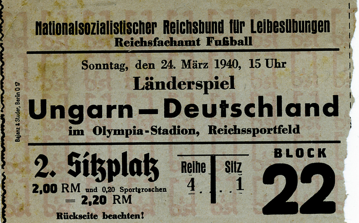 Eintrittskarte LS1940  | Länderspiel Ungarn - Deutschland, 24. März 1940, Berlin Olympiastadion. Sitzplatz, 11x7 cm.