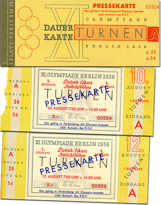 Olympic Games Berlin 1936. Ticket Season Pass - Season ticket for gymnastics. Regular issue at 15.- RM with 2 tickets (incomplete). Dietrich Eckhardt open-air stage, press card. 14x6 cm. Card booklet for the 1936 Summer Olympics with endpapers. With card booklet with imprint "Pressekarte" absolutely rare! 2 cards missing; back of card booklet with minor glue residue. Condition: B-